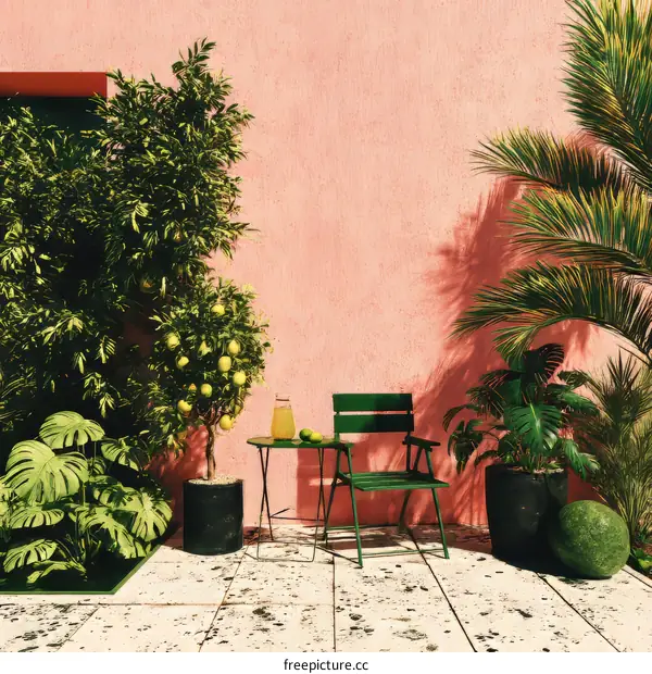 Tropical Patio Scene with Outdoor Furniture and Plants