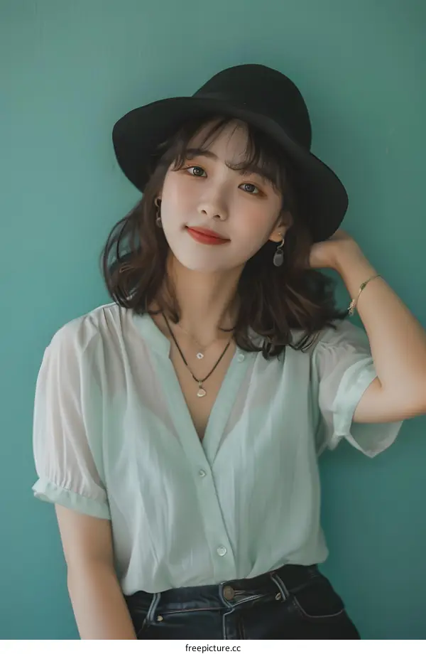 Portrait of a Young Woman Wearing a Hat and a White Shirt