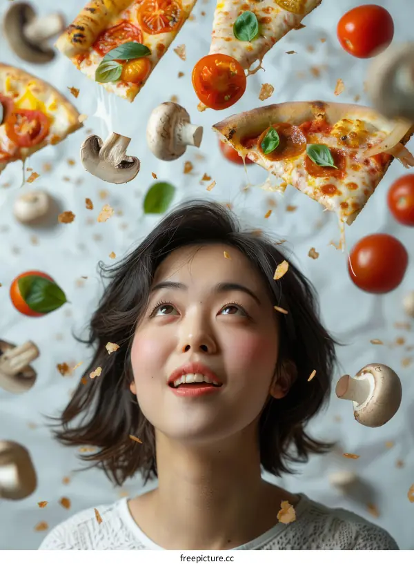 A young Asian woman looking up at a pizza.