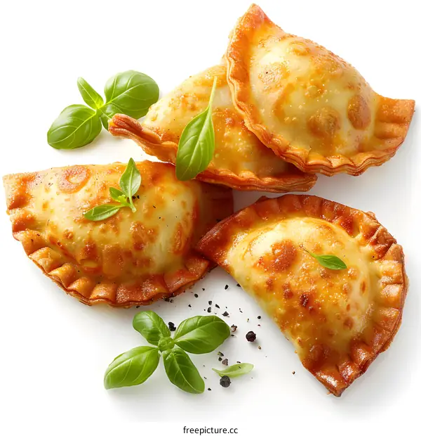 Appetizing and delicious fried pies with basil leaves