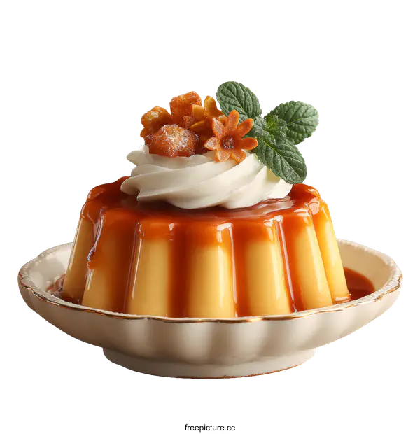 [Transparent Background PNG]Delicious Caramel Custard Dessert on Elegant Plate