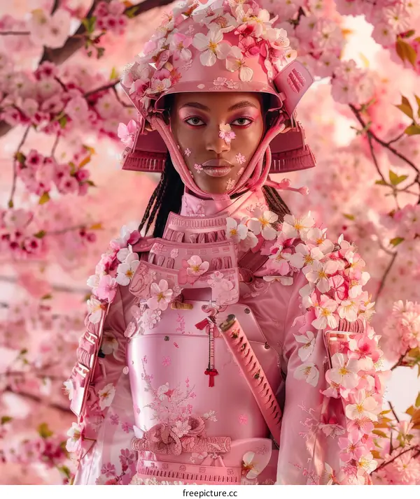 Black woman wearing a pink samurai armor with cherry blossoms