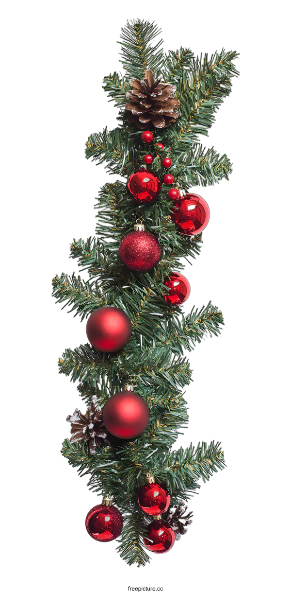 [Transparent Background PNG]Red Christmas Ornaments on Green Pine Branch