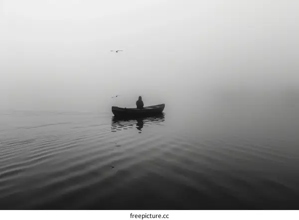 A lone fisherman in a boat on a foggy lake with two birds flying overhead