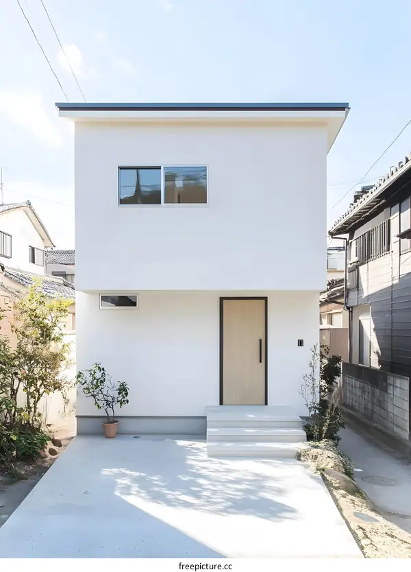 Minimalist Modern White House with Wooden Door and Concrete Steps