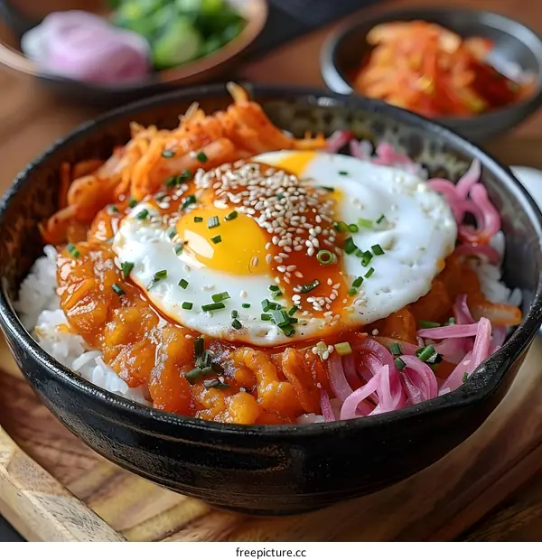 korean food with egg and kimchi