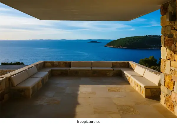 Cozy outdoor seating area with stunning sea view