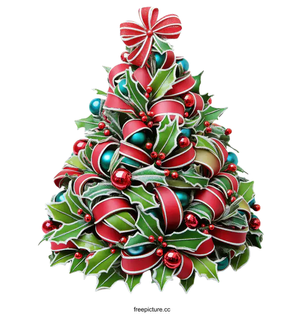 [Transparent Background PNG]Christmas Tree Decorated with Ribbons and Holly