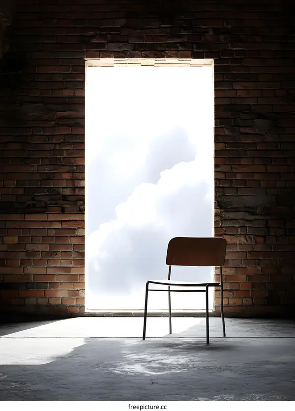 A Chair Facing a Hole in a Brick Wall with Light