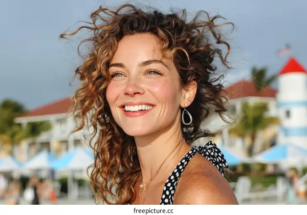 Smiling Woman with Curly Hair by the Beach