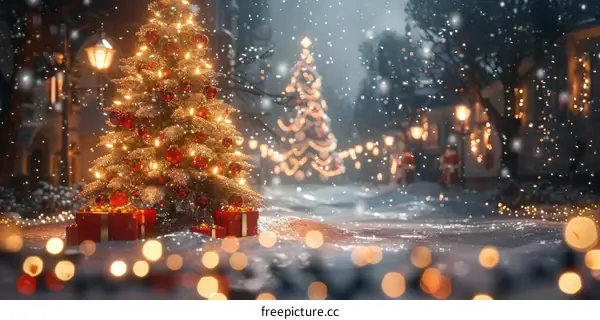 Snowy Christmas Tree in Town Square