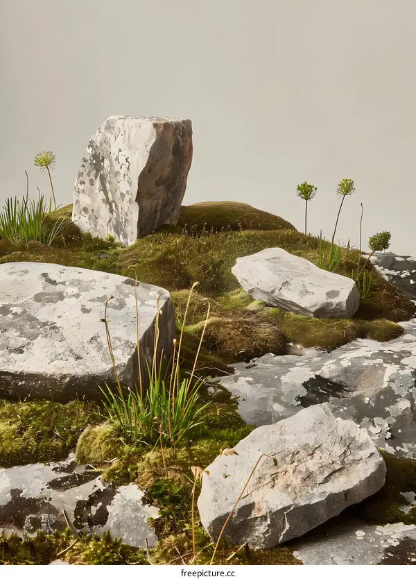 Stone Landscape with Moss and Green Plants