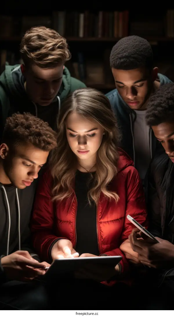 Group of friends looking at a tablet in a dark room
