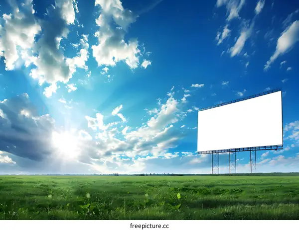 Blank Billboard in a Green Field Under a Blue Sky