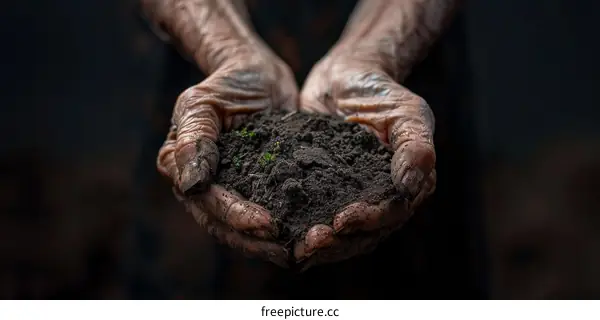 Close up of a farmer's hands holding soil with a plant growing out of it