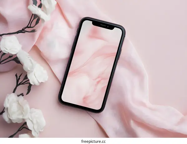 Mobile Phone with Pink Abstract Background on Pink Fabric