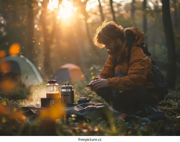 Man in the woods making coffee
