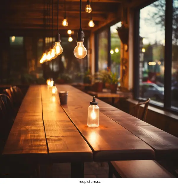 Vintage light bulbs hanging from the ceiling of a restaurant