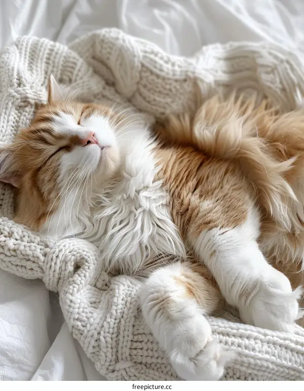 A ginger cat sleeping on a white blanket