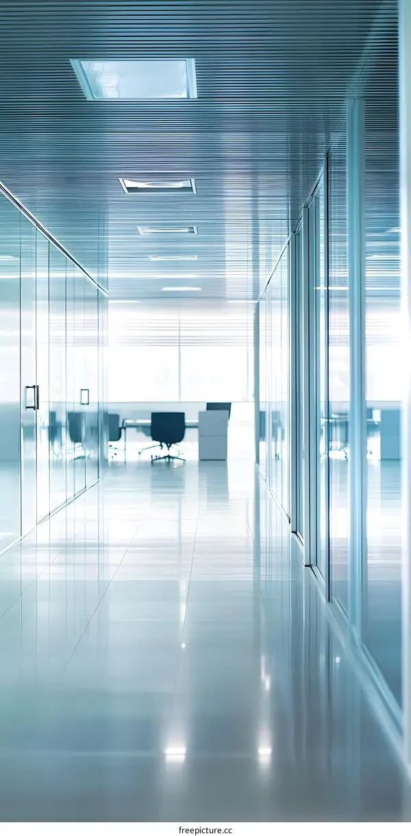 Modern Office Hallway with Glass Walls and Bright Lighting