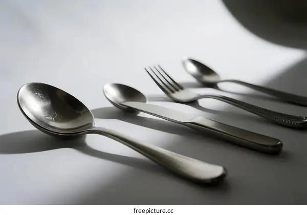 Set of silver cutlery including spoons forks and knife
