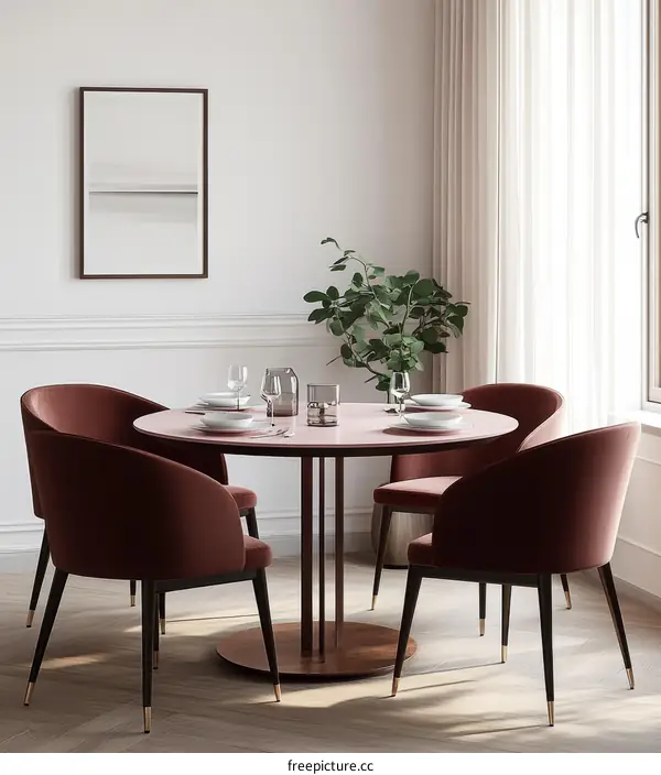 Dining Room Interior Design with Pink Table and Maroon Chairs
