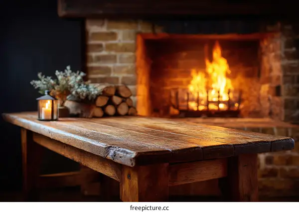 Rustic Wooden Table by Fireplace