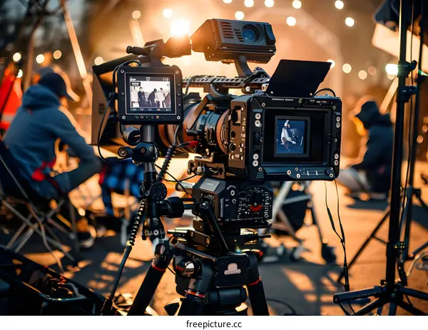 Professional Film Camera on Tripod with Blurred Crew in Background