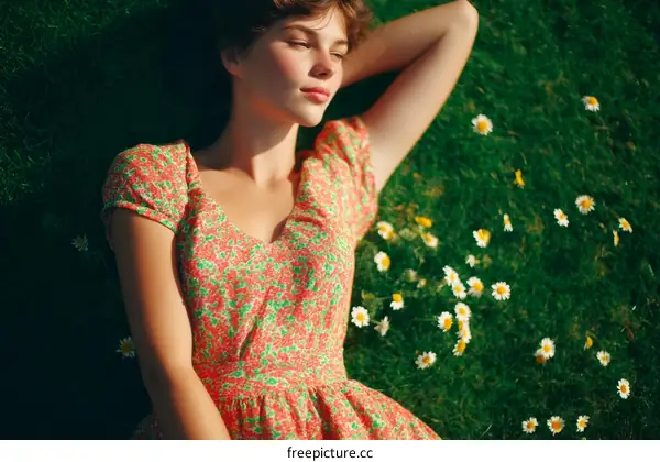 Young Woman Relaxing on Grass with Flowers