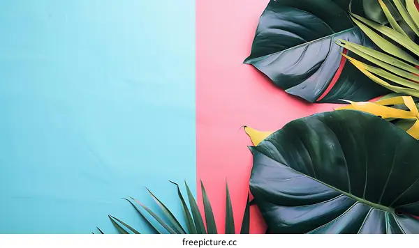Tropical Leaves on a Blue and Pink Background