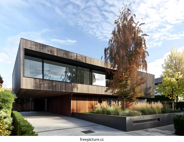 Modern House with Wooden Facade and Large Windows