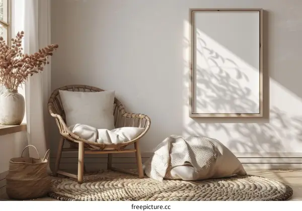 Cozy Living Room with Wicker Chair, Rug, and Vase