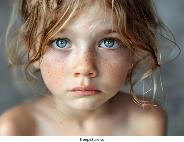 Portrait of a young girl with freckles and blue eyes