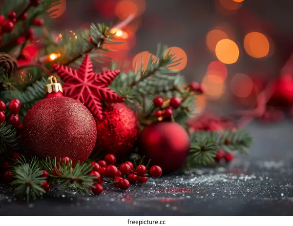 Red and silver Christmas ornaments on a dark background