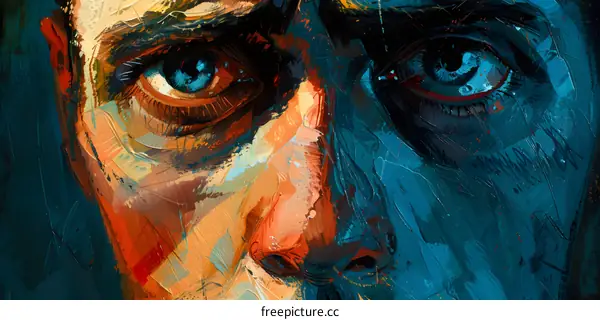 Blue and orange abstract portrait painting of a persons face
