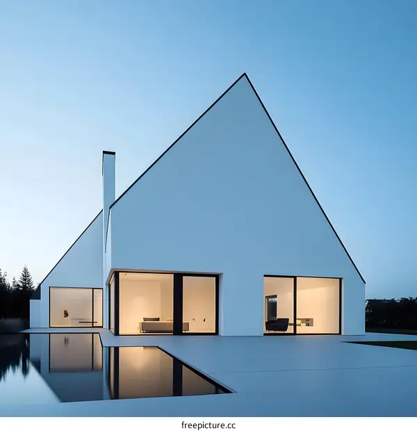Modern White House With Pool and Open Windows at Dusk
