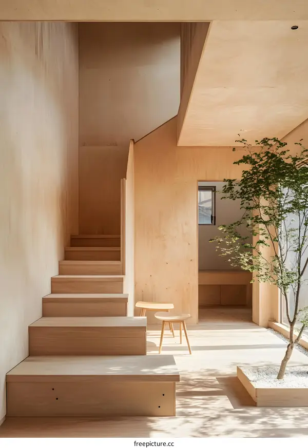 Modern Minimalist Wooden Staircase and Plant Interior Design