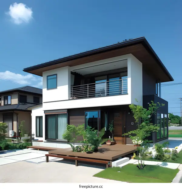 Modern Two Story Home with Wooden Deck and Balcony