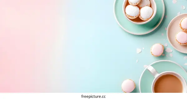 Pastel Pink and Blue Macarons with Coffee and Cream