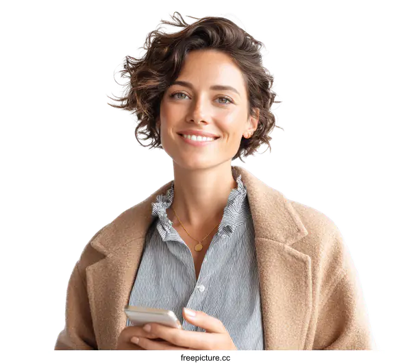 [Transparent Background PNG]Smiling Woman Holding Phone in Stylish Beige Coat