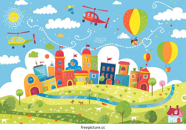 Colorful Cityscape with Hot Air Balloons and Helicopters