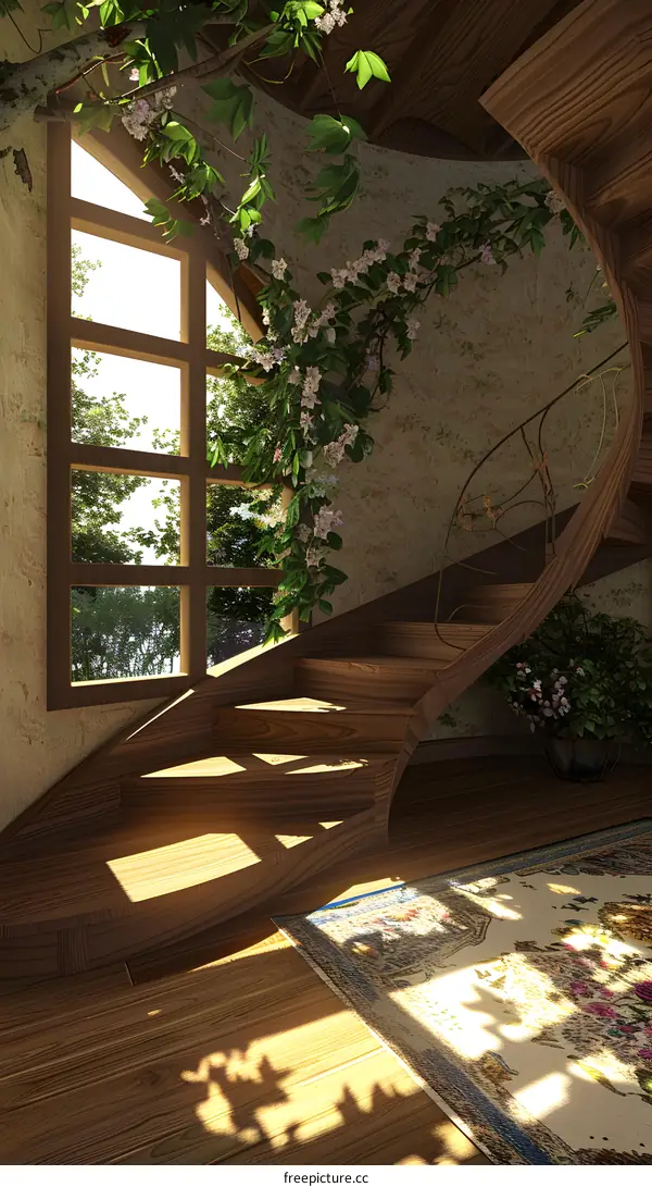 Wooden Staircase with Flowers and Window in Home Interior Design