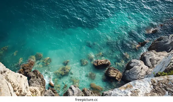 Aerial View of Clear Blue Water and Rocks