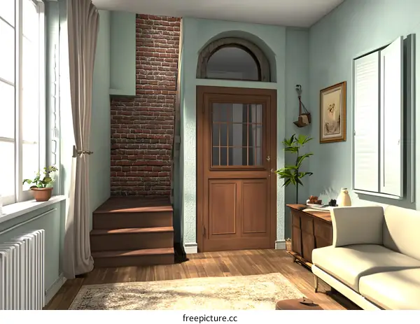 Rustic Entryway with Brick Wall and Wooden Door