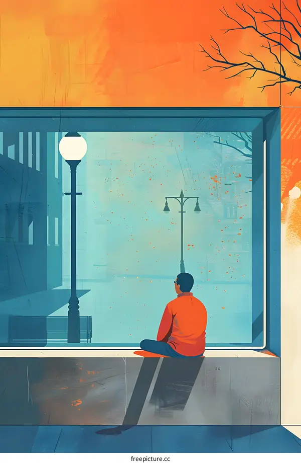 Man Sitting by Window Looking at Cityscape