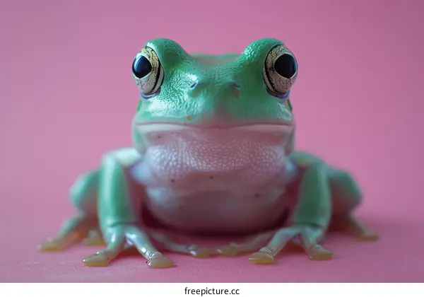 A green frog sits on a pink background