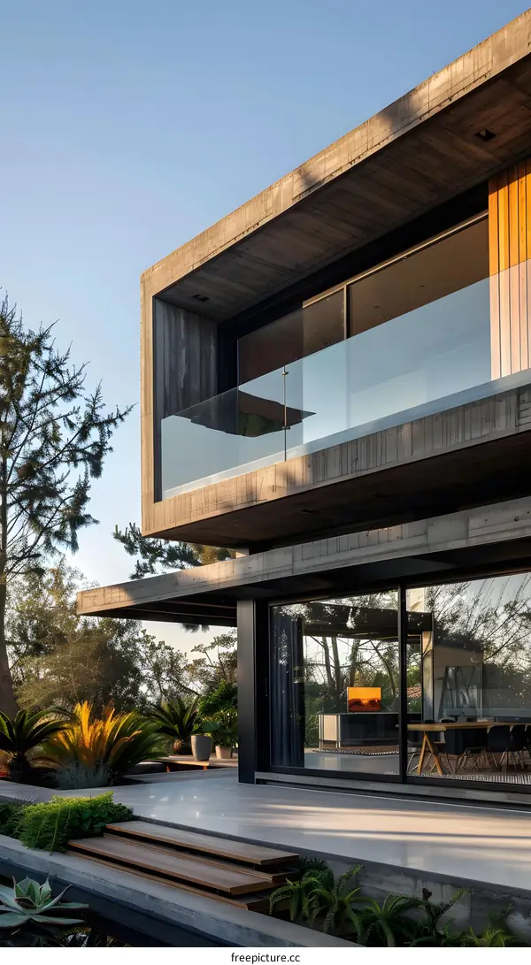 Modern Minimalist Concrete House With Large Windows and Balcony