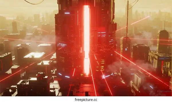 Futuristic Megacity with Red Laser Beams and Tower Structure
