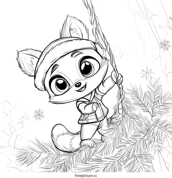 Cute Cartoon Fox Holding a Stick on a Winter Tree