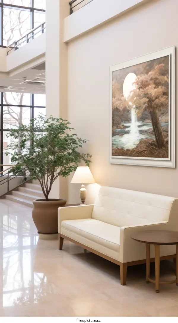 A painting of a waterfall in a forest with a white sofa in front of it